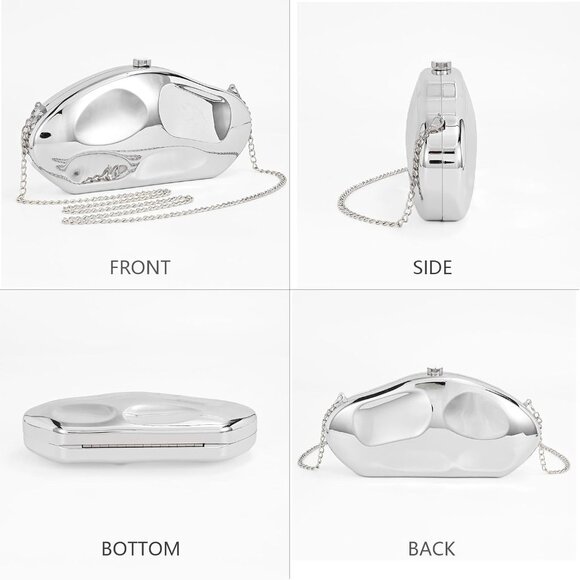 Silver acrylic clutch purse with sculptural design, magnetic closure, gold chain - Picture 3 of 6